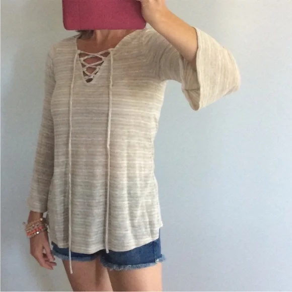 Women's Beige Lace-Up Top - Picture 4 of 6